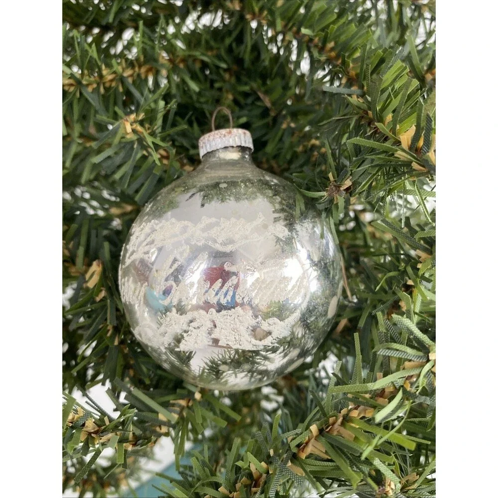 Vintage Shiny Brite Silver MERRY CHRISTMAS Mica Stenciled Ball Ornament Holiday